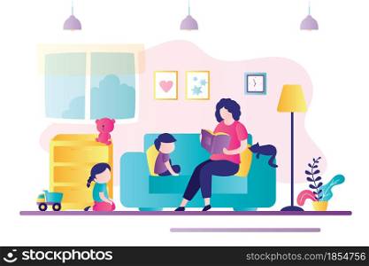 Nanny reading book for little children. Concept of home kindergarten and babysitting. Mother with kids in living room. Woman communicates with boy and girl. Cute interior design. Vector illustration. Nanny reading book for little children. Concept of home kindergarten and babysitting. Mother with kids in living room. Woman communicates with boy and girl
