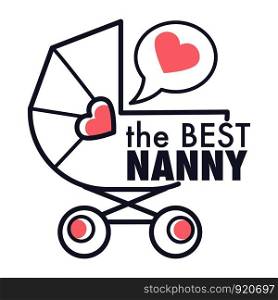 Nanny service isolated outline icon pram and heart in speech bubble baby carriage emblem sitting and bringing up children babysitter and childminder agency care and watching little kids vector.. Nanny service isolated outline icon pram and heart in speech bubble