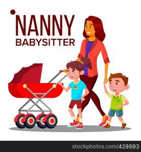 Nanny Woman Vector. Babysitter Nanny With Children. Care Family. Illustration. Nanny Woman Vector. Babysitter Nanny With Children. Care Family Design. Illustration