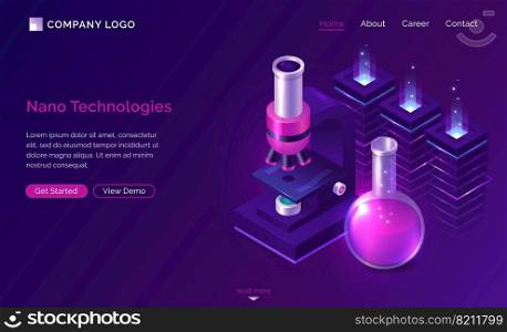 Nano technologies isometric landing page, electronic microscope, glass lab flask with pink liquid and neon glow processors in chemical laboratory, biotechnology science, research. 3d vector web banner. Nano technologies science isometric landing page