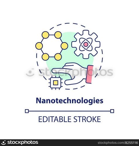 Nanotechnologies concept icon. Robotizing treatment process. Delivering medication to cells. Technological advance abstract idea thin line illustration. Isolated outline drawing. Editable stroke. Nanotechnologies concept icon