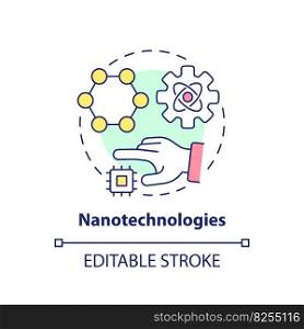 Nanotechnologies concept icon. Robotizing treatment process. Delivering medication to cells. Technological advance abstract idea thin line illustration. Isolated outline drawing. Editable stroke. Nanotechnologies concept icon