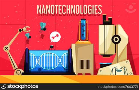 Nanotechnologies horizontal vector illustration with elements of modern devices used in genetic engineering and scientific research. Nanotechnologies Horizontal Illustration