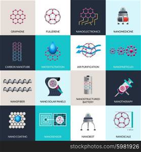 Nanotechnology applications products flat icons set. Nanotechnology applications and products flat icons set with dna nanobot for cancer nanotherapy abstract isolated vector illustration