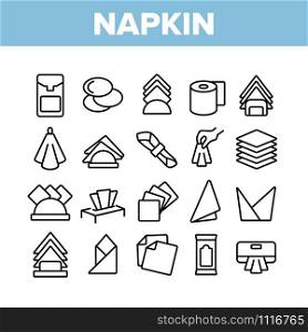 Napkin Hygiene Paper Collection Icons Set Vector Thin Line. Sanitary Antibacterial Napkin For Restroom, Towel For Eater In Restaurant Concept Linear Pictograms. Monochrome Contour Illustrations. Napkin Hygiene Paper Collection Icons Set Vector