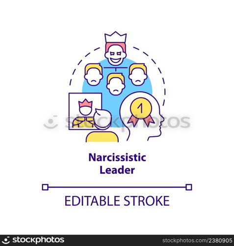 Narcissistic leader concept icon. Powerful and selfish boss. Type of toxic leader abstract idea thin line illustration. Isolated outline drawing. Editable stroke. Arial, Myriad Pro-Bold fonts used. Narcissistic leader concept icon