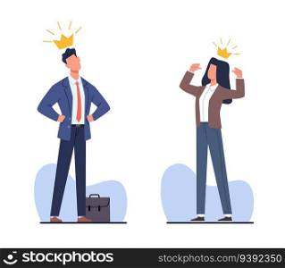 Narcissistic people, man and woman praised and proud of themselves, confidence egocentric attitude. Narcissist business people in crown. Cartoon flat isolated illustration. Vector success concept. Narcissistic people, man and woman praised and proud of themselves, confidence egocentric attitude. Narcissist business people in crown. Cartoon flat isolated illustration. Vector concept