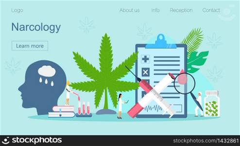 Narcology concept vector for landing page. Tiny narcologist doctors treat human against drug, tobacco addiction. Psychiatrists helps patient, give mental health advice.. Narcology concept vector for landing page. Tiny narcologist doctors treat human against drug, tobacco addiction. Psychiatrists helps patient, mental health