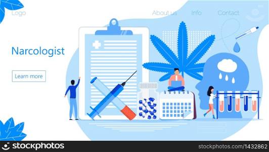 Narcology concept vector for landing page. Tiny narcologist doctors treat human against drug, tobacco addiction. Psychiatrists helps patient, give mental health advice.. Narcology concept vector for landing page. Tiny narcologist doctors treat human against drug, tobacco addiction. Psychiatrists helps patient, mental health