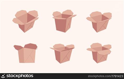 Nardboard box for asian noodle wok from different angles vector set illustration