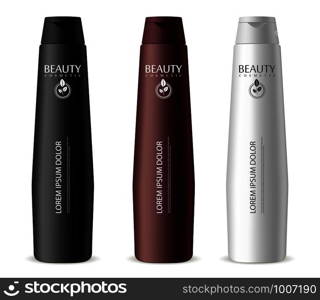 Narrow cosmetic bottles mockup set. Different color: black, white and broun jars for shampoo, moisturizer, hair mask, lotion. 3d vector packaging.. Narrow cosmetic bottle mockup set. Black, white
