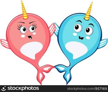 Narwhal couple in love characters in cartoon style. Funny romantic animals. Arctic sea mammal personages isolated on white background vector illustration. Narwhal couple characters in cartoon style drawing