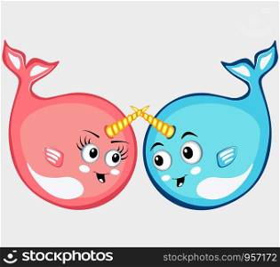 Narwhal couple in love characters in cartoon style. Funny romantic animals. Arctic sea mammal personages isolated on white background vector illustration. Narwhal couple characters in cartoon style drawing