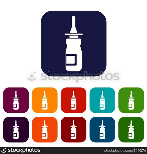 Nasal drops icons set vector illustration in flat style In colors red, blue, green and other. Nasal drops icons set flat