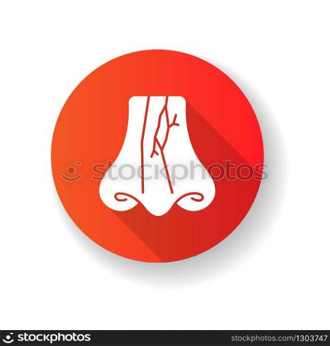 Nasal fracture red flat design long shadow glyph icon. Broken nose bone. Crack in nose cartilage. Facial injury, trauma. Accident. Medical condition. Healthcare. Silhouette RGB color illustration