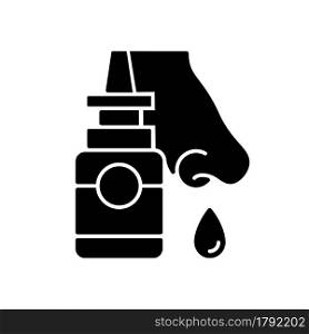 Nasal spray black glyph icon. Relieve nasal discomfort. Cold relief. Treat sinus congestion. Anti-inflammatory medicine. Reduce symptoms. Silhouette symbol on white space. Vector isolated illustration. Nasal spray black glyph icon