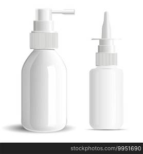 Nasal spray bottle, nose or throat medicine aerosol blank. Isolated vector container with dropper for nozzle drug product. Realistic oral dosedispenser mock up against flu, pharmaceutical medication. Nasal spray bottle, nose, throat medicine aerosol