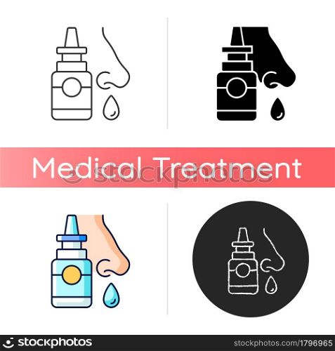 Nasal spray icon. Relieve nasal discomfort. Cold relief. Treat sinus congestion. Anti-inflammatory medicine. Reduce allergy symptoms. Linear black and RGB color styles. Isolated vector illustrations. Nasal spray icon