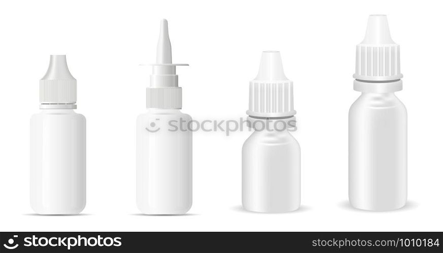 Nasal Spray. Nose Decongestant Bottle. Flu Remedy. Plastic Medical Container Template. 3d Vector Nozzle Tube for Farmacy and Medicine. Eye Drop Liquid Medication Mockup