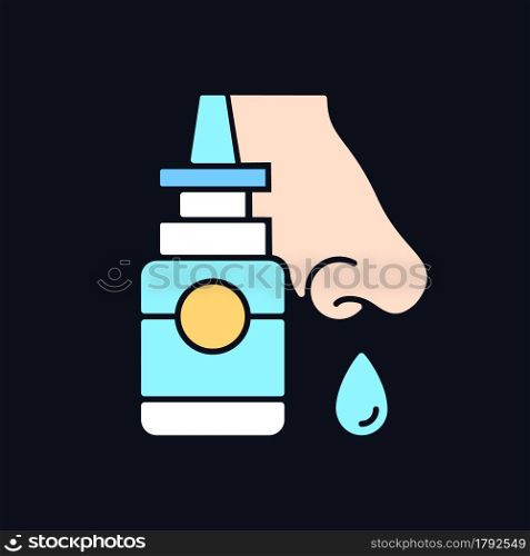 Nasal spray RGB color icon for dark theme. Relieve nasal discomfort. Cold relief. Treat sinus congestion. Isolated vector illustration on night mode background. Simple filled line drawing on black. Nasal spray RGB color icon for dark theme
