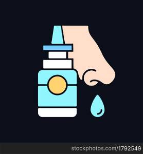 Nasal spray RGB color icon for dark theme. Relieve nasal discomfort. Cold relief. Treat sinus congestion. Isolated vector illustration on night mode background. Simple filled line drawing on black. Nasal spray RGB color icon for dark theme
