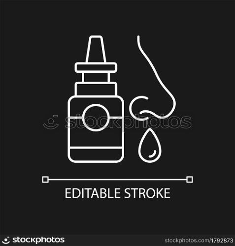 Nasal spray white linear icon for dark theme. Relieve nasal discomfort. Treat sinus congestion. Thin line customizable illustration. Isolated vector contour symbol for night mode. Editable stroke. Nasal spray white linear icon for dark theme