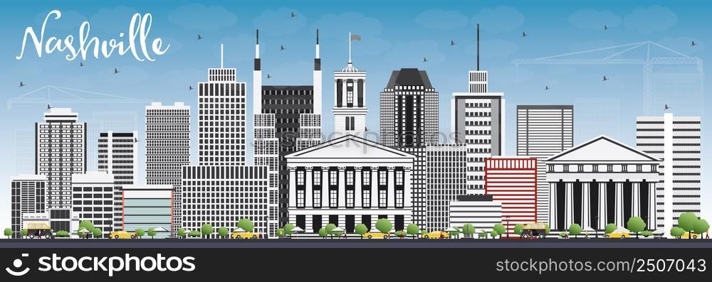 Nashville Skyline with Gray Buildings and Blue Sky. Vector Illustration. Business Travel and Tourism Concept with Modern Architecture. Image for Presentation Banner Placard and Web Site.