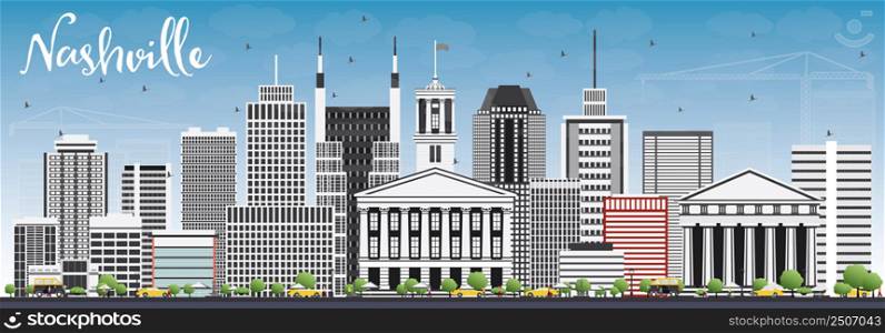 Nashville Skyline with Gray Buildings and Blue Sky. Vector Illustration. Business Travel and Tourism Concept with Modern Architecture. Image for Presentation Banner Placard and Web Site.