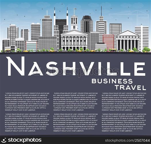 Nashville Skyline with Gray Buildings, Blue Sky and Copy Space. Vector Illustration. Business Travel and Tourism Concept with Modern Architecture. Image for Presentation Banner Placard and Web Site.