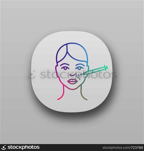 Nasolabial folds neurotoxin injection app icon. Anti wrinkle injection. Smile wrinkles reducing. Cosmetic procedure. Facial rejuvenation. UI/UX user interface. Vector isolated illustration. Nasolabial folds neurotoxin injection app icon