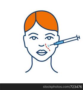 Nasolabial folds neurotoxin injection color icon. Anti wrinkle injection. Smile wrinkles reducing. Cosmetic procedure. Facial rejuvenation. Isolated vector illustration. Nasolabial folds neurotoxin injection color icon