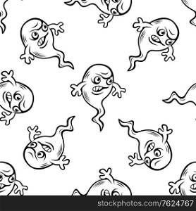 Nasty little Halloween ghost seamless pattern with a scary snarling face floating in the air in a repeat motif in square format, black and white doodle sketch. Nasty little Halloween ghost seamless pattern
