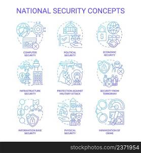 National and international security blue gradient concept icons set. Countries safety idea thin line color illustrations. Isolated symbols. Editable stroke. Roboto-Medium, Myriad Pro-Bold fonts used. National and international security blue gradient concept icons set
