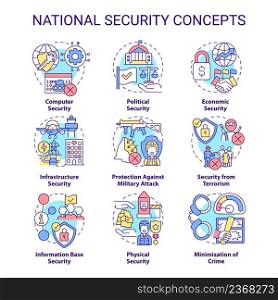 National and international security concept icons set. Countries safety idea thin line color illustrations. Isolated symbols. Editable stroke. Roboto-Medium, Myriad Pro-Bold fonts used. National and international security concept icons set