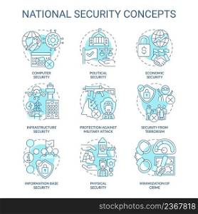 National and international security turquoise concept icons set. Countries safety idea thin line color illustrations. Isolated symbols. Editable stroke. Roboto-Medium, Myriad Pro-Bold fonts used. National and international security turquoise concept icons set