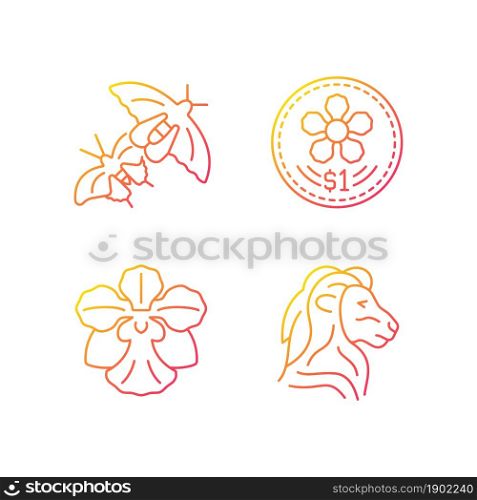 National animal and flower of Singapore gradient linear vector icons set. Coins design. Butterfly species. Orchid flower. Thin line contour symbols bundle. Isolated outline illustrations collection. National animal and flower of Singapore gradient linear vector icons set