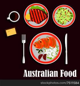 National australian dishes with salmon, served with rice, fresh tomatoes and green onion, grilled lamb steak with lemon, fresh vegetables salad, wheat bread and cup of strong coffee. Australian cuisine with fish, meat and salad