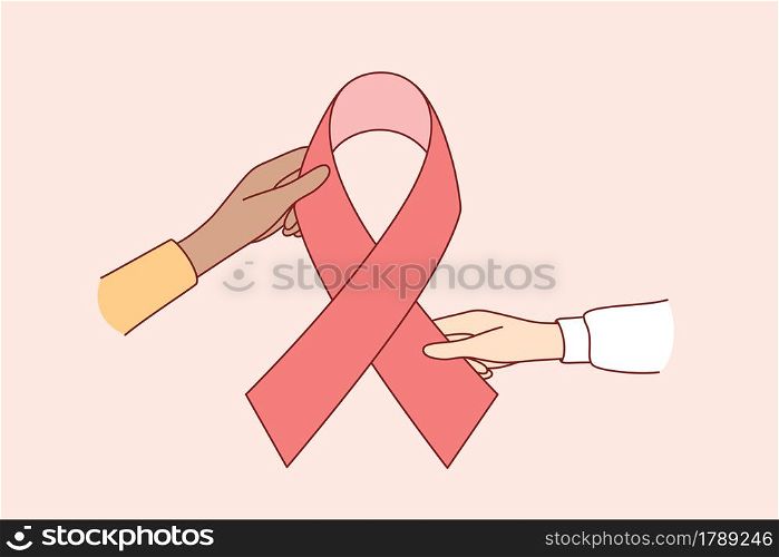 National Breast Cancer Awareness concept. Human Hands holding red ribbon as symbol of Breast Cancer Awareness vector illustration. National Breast Cancer Awareness concept
