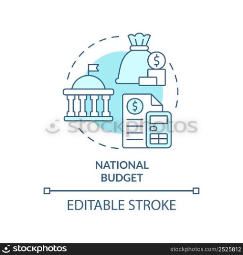 National budget turquoise concept icon. Financial program for country. Budgeting type abstract idea thin line illustration. Isolated outline drawing. Editable stroke. Arial, Myriad Pro-Bold fonts used. National budget turquoise concept icon