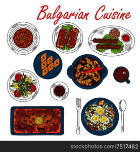 National bulgarian pork and vegetable stew in clay pot icon served with baked carp and meat skewers, bean soup bob chorba and fried eggplants topped with garlic and tomatoes, vegetable egg salad and cup of coffee with walnut baklava. Sketch style. Hearty dishes of Bulgaria with meat and vegetables