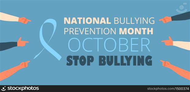 National Bullying Prevention month in October in USA. Victim scene in society. Stressed person in shame and hands with pointing finger. Concept of accusation in life, depression in work, in school.. National Bullying Prevention month in October in USA. Victim scene in society.