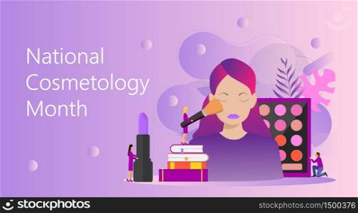 National Cosmetology Month in October in USA. Woman testing skin care product in beauty salon. Online makeup courses, make up school, cosmetics webinar or masterclass concept vector for banner.. National Cosmetology Month in October in USA. Woman testing skin care product in beauty salon