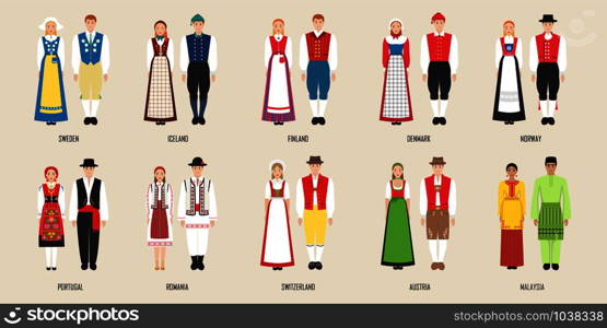 National costumes of Sweden, Iceland, Findland, Denmark, Norway, Portugal, Austrai, Romania, Switzerland, Malaysia. Vector illustration