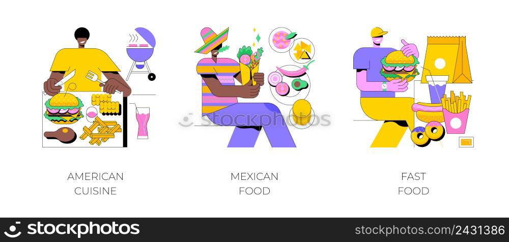 National cuisine abstract concept vector illustration set. American cuisine, mexican and fast food, barbecue dish, burrito recipe, chain restaurant, snack menu, takeout meal abstract metaphor.. National cuisine abstract concept vector illustrations.