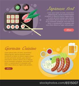 National Cuisine Flat Vector Web Banners Set. National culinary delights. Japanese food, German cuisine banners. Sushi rolls on plate, bamboo sticks, wasabi, ginger and grilled sausages on plate with garnish, sauce and pint of beer flat vector