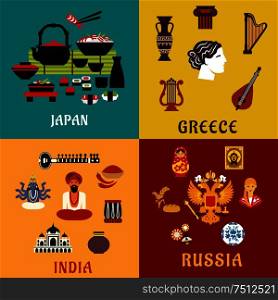National culture, religion and cuisine of Japan, Russia, India and Greece flat icons showing ancient architecture, musical instruments, religious symbols, crafts and cuisine. Japan, Russia, India and Greece flat icons