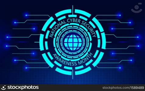 National Cyber Security Awareness Month concept vector. It is observed in October in USA. Hud elements, global icon, concept vector are shown on ultraviolet background for banner. National Cyber Security Awareness Month concept vector. It is observed in October in USA. Hud elements, global icon, concept vector are shown on ultraviolet background for banner, website.
