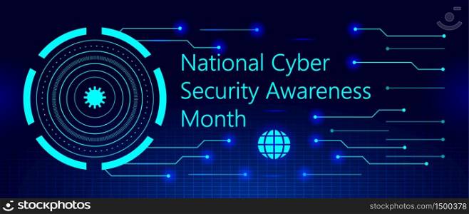 National Cyber Security Awareness Month is observed in October in USA. Hud elements, globale icon, concept vector are shown on ultaviolet background for banner, website.. National Cyber Security Awareness Month is observed in October in USA.