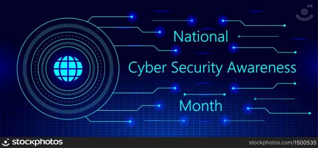 National Cyber Security Awareness Month is observed in October in USA. Hud elements, global icon, sparkles. Grid, fluid concept vector are shown on ultraviolet background for banner, website.. National Cyber Security Awareness Month is observed in October in USA. Hud elements, global icon, sparkles