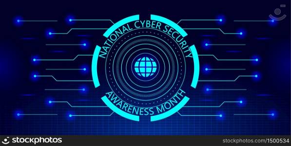National Cyber Security Awareness Month NCSAM is observed in October in USA. Hud elements, globale icon, concept vector are shown on ultaviolet background for banner, website.. National Cyber Security Awareness Month NCSAM is observed in October in USA.